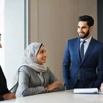 건축자재 마케팅 전문가 네트워킹 팁 - **Prompt:** "A diverse group of Arab professionals, including men and women, dressed in smart, conte...