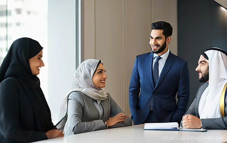건축자재 마케팅 전문가 네트워킹 팁 - **Prompt:** "A diverse group of Arab professionals, including men and women, dressed in smart, conte...