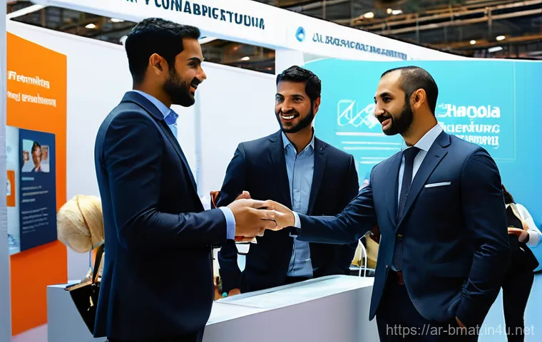 건축자재 마케팅 전문가 네트워킹 팁 - **Prompt:** "A diverse group of Arab professionals, including men and women, dressed in smart, conte...