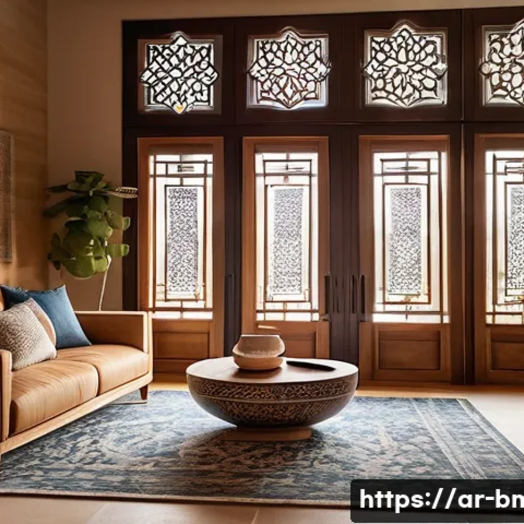 건축자재 브랜드 스토리텔링 방법 - **Prompt:** A cozy and inviting living room in a modern home, infused with authentic Arabic architec...