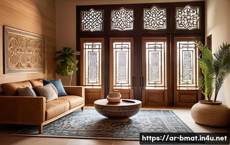 건축자재 브랜드 스토리텔링 방법 - **Prompt:** A cozy and inviting living room in a modern home, infused with authentic Arabic architec...