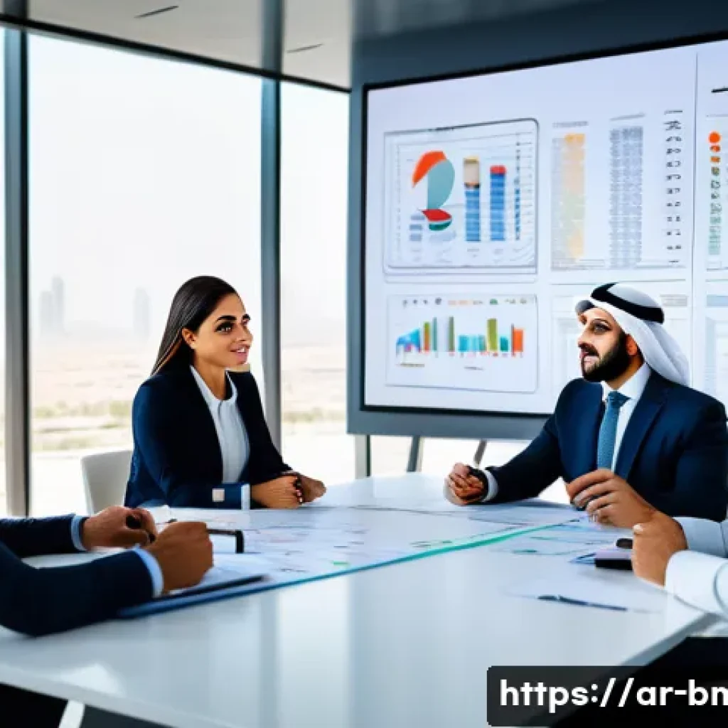 건축자재 마케팅에서의 고객 설문조사 활용 - A professional Middle Eastern construction market scene showing a diverse group of Arab business pro...