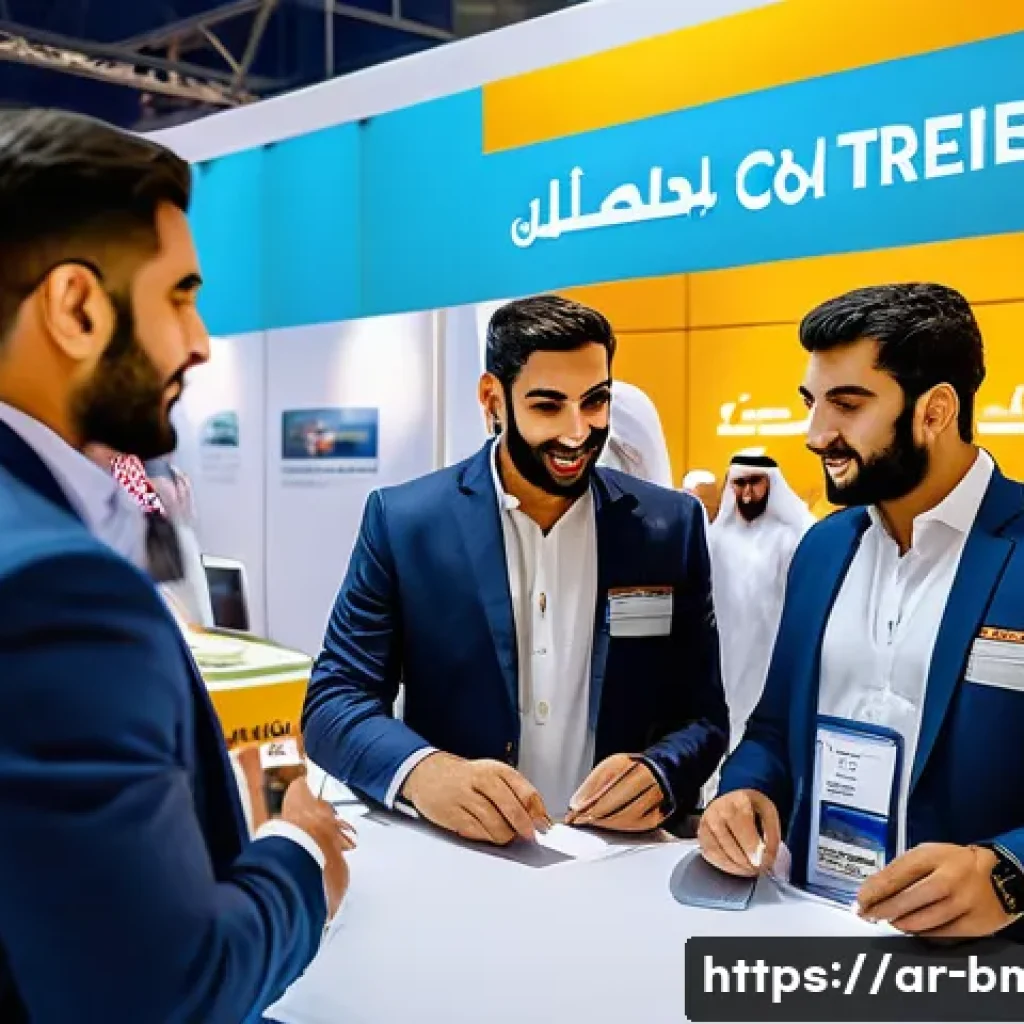 건축자재 광고비 예산 수립 방법 - A professional Middle Eastern construction trade show scene set in a modern exhibition hall in Dubai...