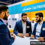 건축자재 광고비 예산 수립 방법 - A professional Middle Eastern construction trade show scene set in a modern exhibition hall in Dubai...