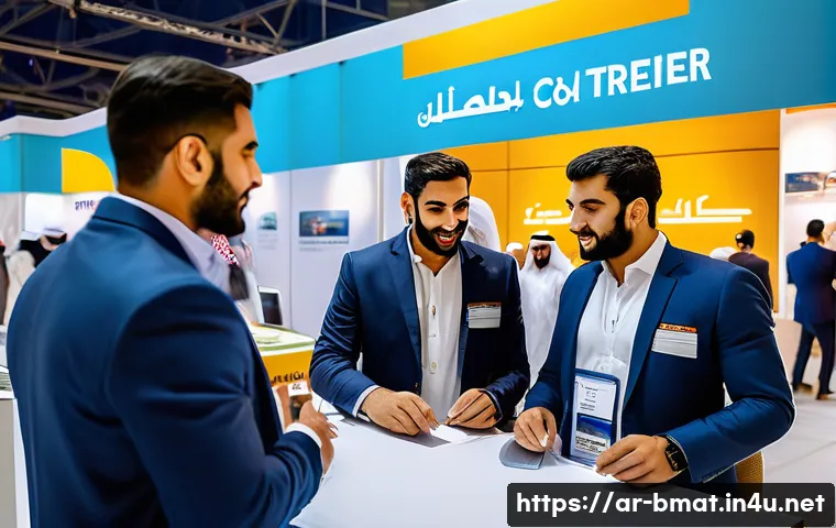 건축자재 광고비 예산 수립 방법 - A professional Middle Eastern construction trade show scene set in a modern exhibition hall in Dubai...