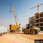 건축자재 관련 기사 및 보도자료 작성법 - A detailed and realistic construction site scene in Saudi Arabia showcasing workers in protective ge...