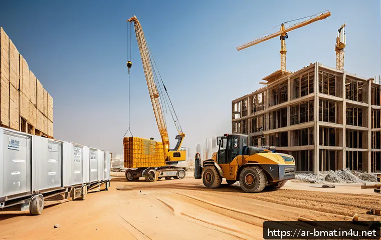 건축자재 관련 기사 및 보도자료 작성법 - A detailed and realistic construction site scene in Saudi Arabia showcasing workers in protective ge...