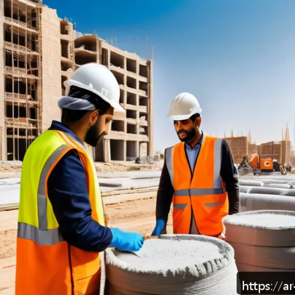 건축자재 마케팅에서의 품질 관리 - A detailed construction site in the Middle East featuring workers wearing protective gear and tradit...