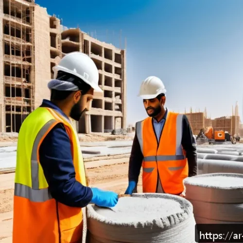 건축자재 마케팅에서의 품질 관리 - A detailed construction site in the Middle East featuring workers wearing protective gear and tradit...