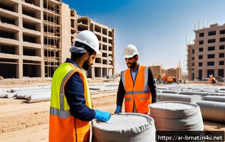 건축자재 마케팅에서의 품질 관리 - A detailed construction site in the Middle East featuring workers wearing protective gear and tradit...