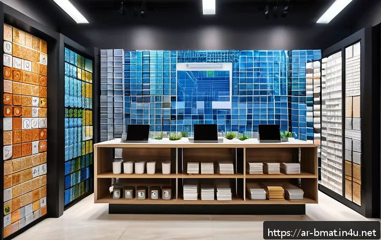 건축자재 마케팅 트렌드 예측 - A modern construction materials showroom in a Middle Eastern city with Arabic signage, featuring int...