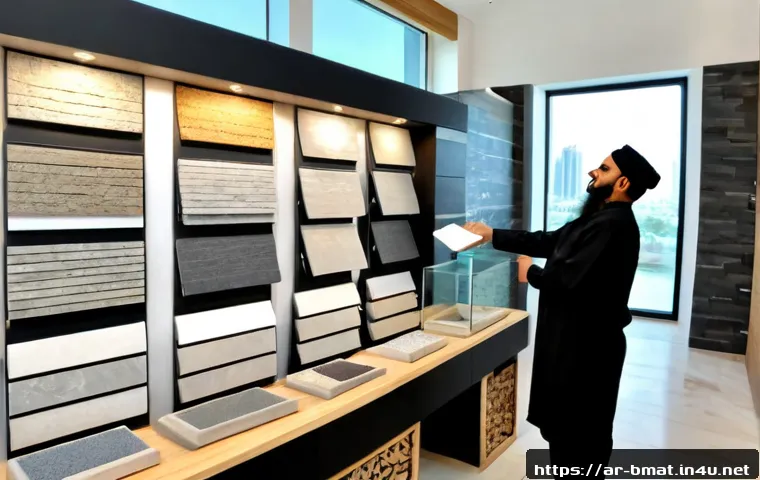 건축자재 마케팅과 타겟 고객 분석 - Photorealistic architectural materials showroom in a modern Gulf city, Arab construction consultant ...