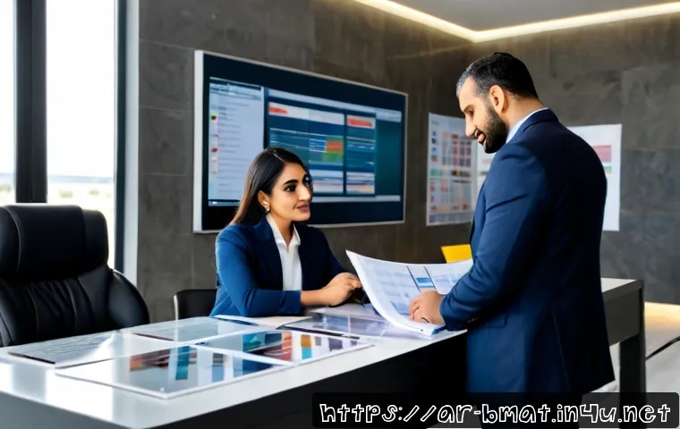 건축자재 마케팅과 경쟁사 분석 - Photorealistic construction materials marketing strategy meeting in a modern Gulf-region office, two...
